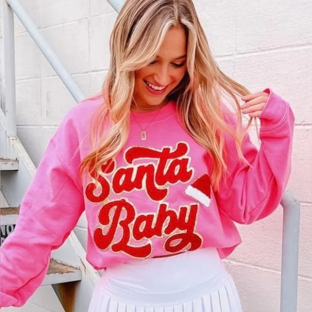 Gildan Festive Pink Crew Neck Sweater Santa Baby w/Hat